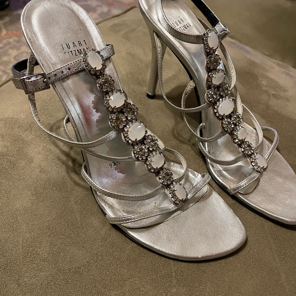Stuart Weitzman silver sandals with jewelled accents. Size 7.5 runs big